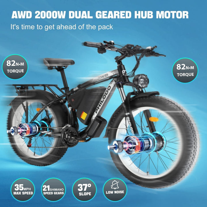 Electric Bike for Adults, 48V 22Ah Fat Tire Ebike Dual Motor AWD 2000W 35MPH Electric Bicycles Shimano 21-Speed with Ignition Lock Hydraulic Disc Brakes…