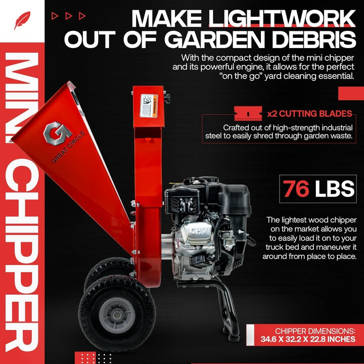 Greatcircleusa Mini Wood Chipper Shredder Mulcher Ultra Duty 7 HP Gas Powered