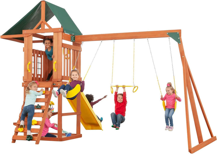 Cedar Cottage Wooden Backyard Playset | W: 163" D: 137" H: 114" | W/ 2 Belt Swings & Trapeze | Kids Age 3-10 | Sandbox, Slide & Climbing Wall | DIY Assembly | ASTM Standards | 10-Year Warranty on Wood