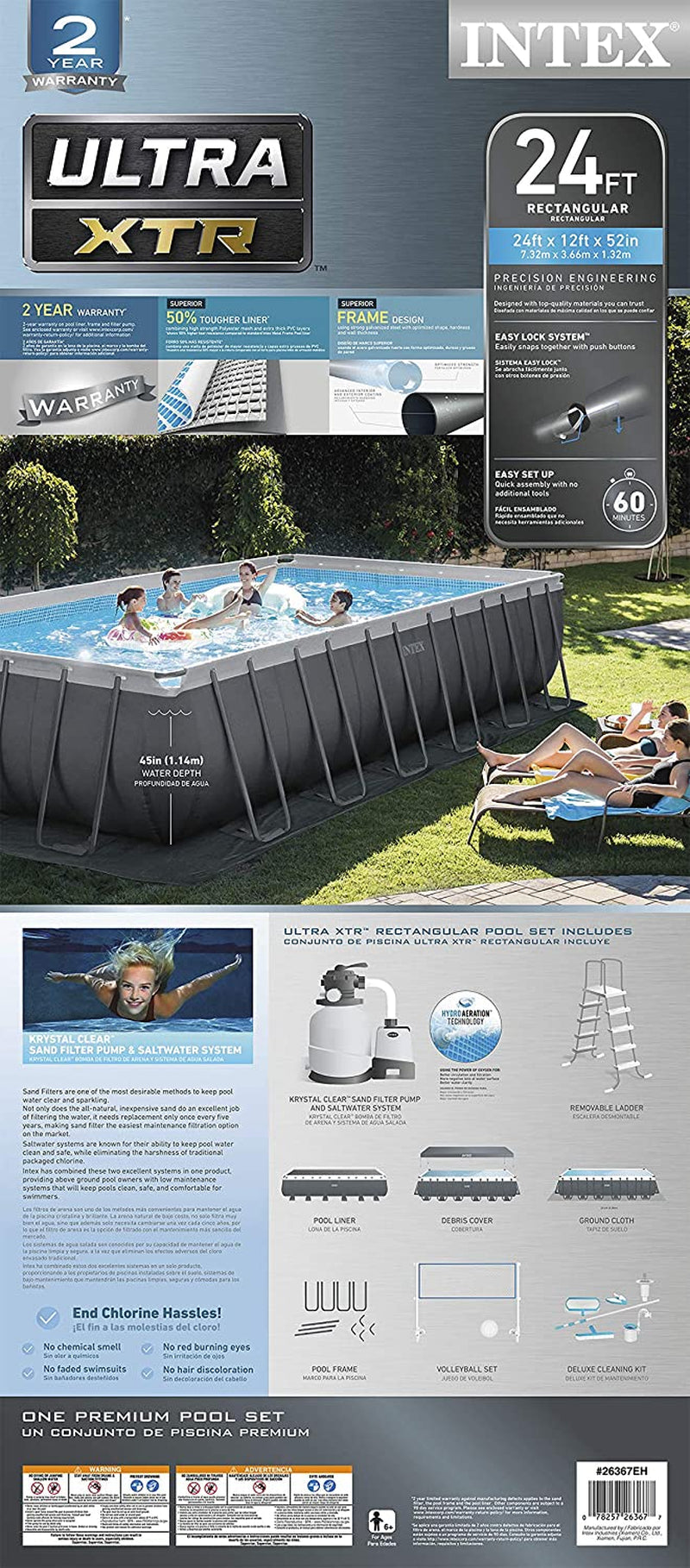 Intex 24′ x 12′ x 52″ Rectangular Ultra XTR Frame Swimming Pool w/ Sand Filter